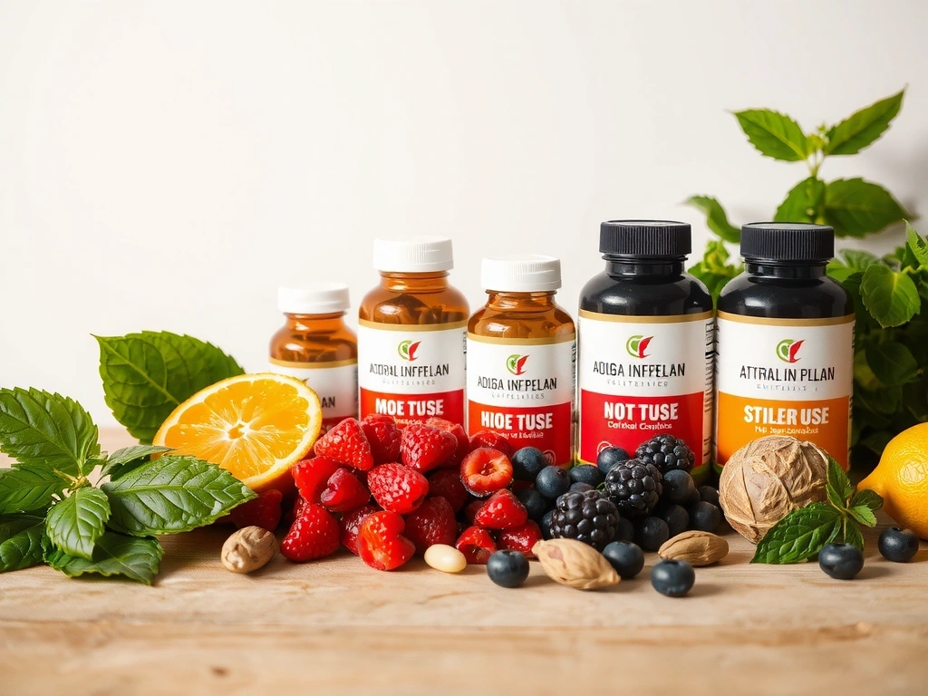 Des flacons de compléments alimentaires naturels disposés sur une table en bois clair, avec des ingrédients frais comme des baies et des feuilles vertes autour.