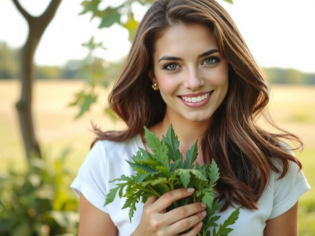 Une femme souriante tenant des herbes fraîches, symbolisant la nature et le bien-être.