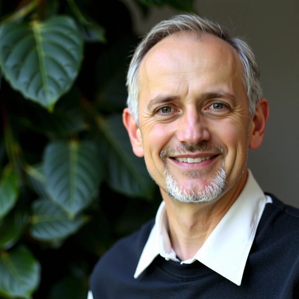 Portrait d'un naturopathe homme, avec une expression amicale et sage.