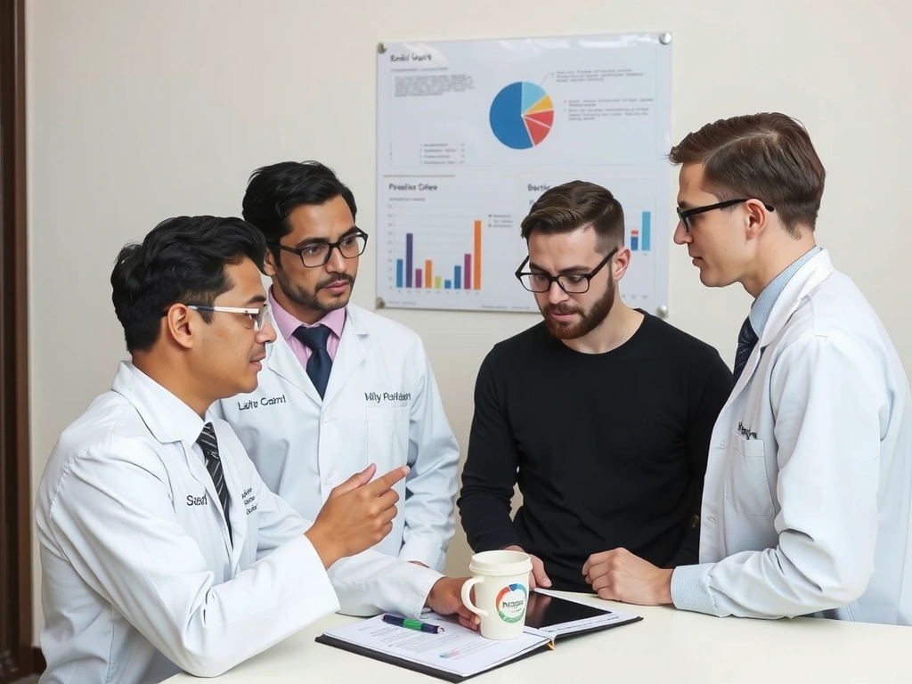 Un groupe de scientifiques discutant de données et de graphiques, représentant une approche rigoureuse et basée sur la recherche.
