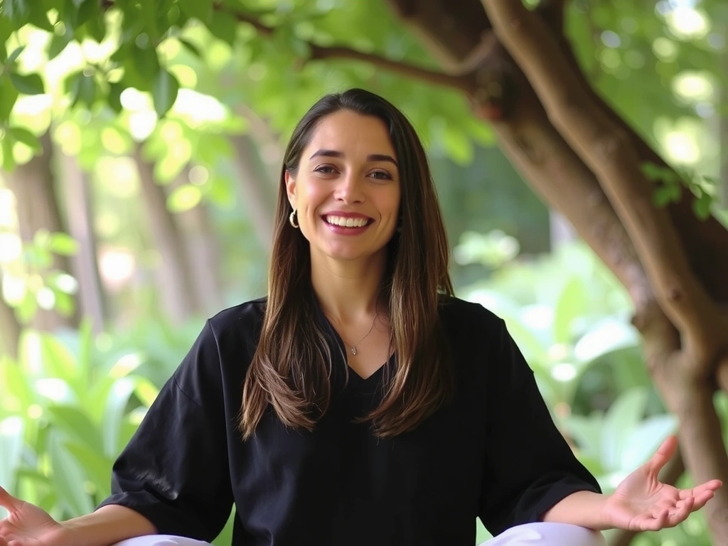 Une femme souriante et sereine méditant dans un environnement naturel luxuriant, symbolisant le bien-être et la vitalité.