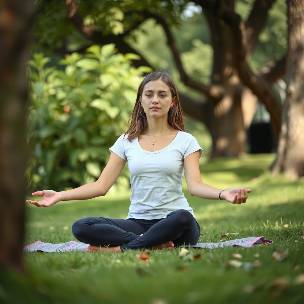 Personne méditant calmement dans un environnement naturel, symbolisant la réduction du stress.
